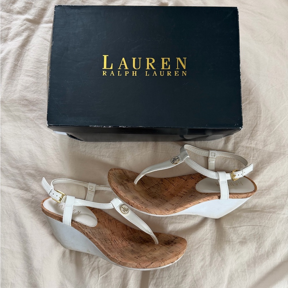 Vintage White Patent REETA Ralph Lauren Heeled Cork Sandal